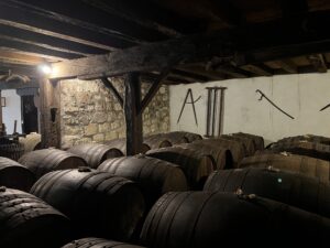 Old vintage Armagnac barrels. Cellar where Armagnac is aged.