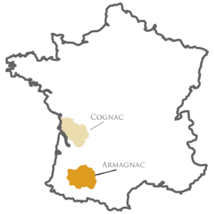Map of France showcasing the Cognac and Armagnac regions. And where Armagnac is made.